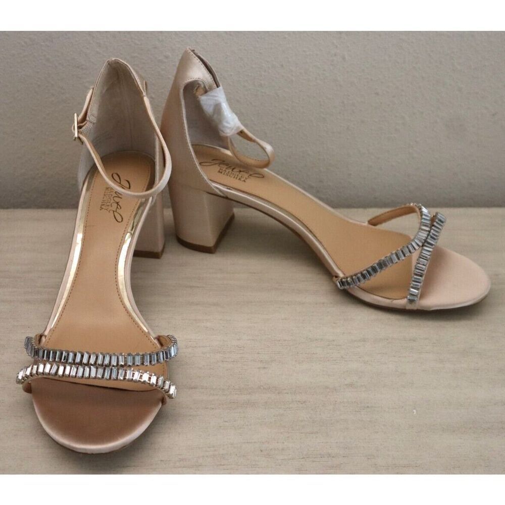 Jewel Badgley Mischka Nude Champagne Block Heel Sandals with Rhinestone Straps